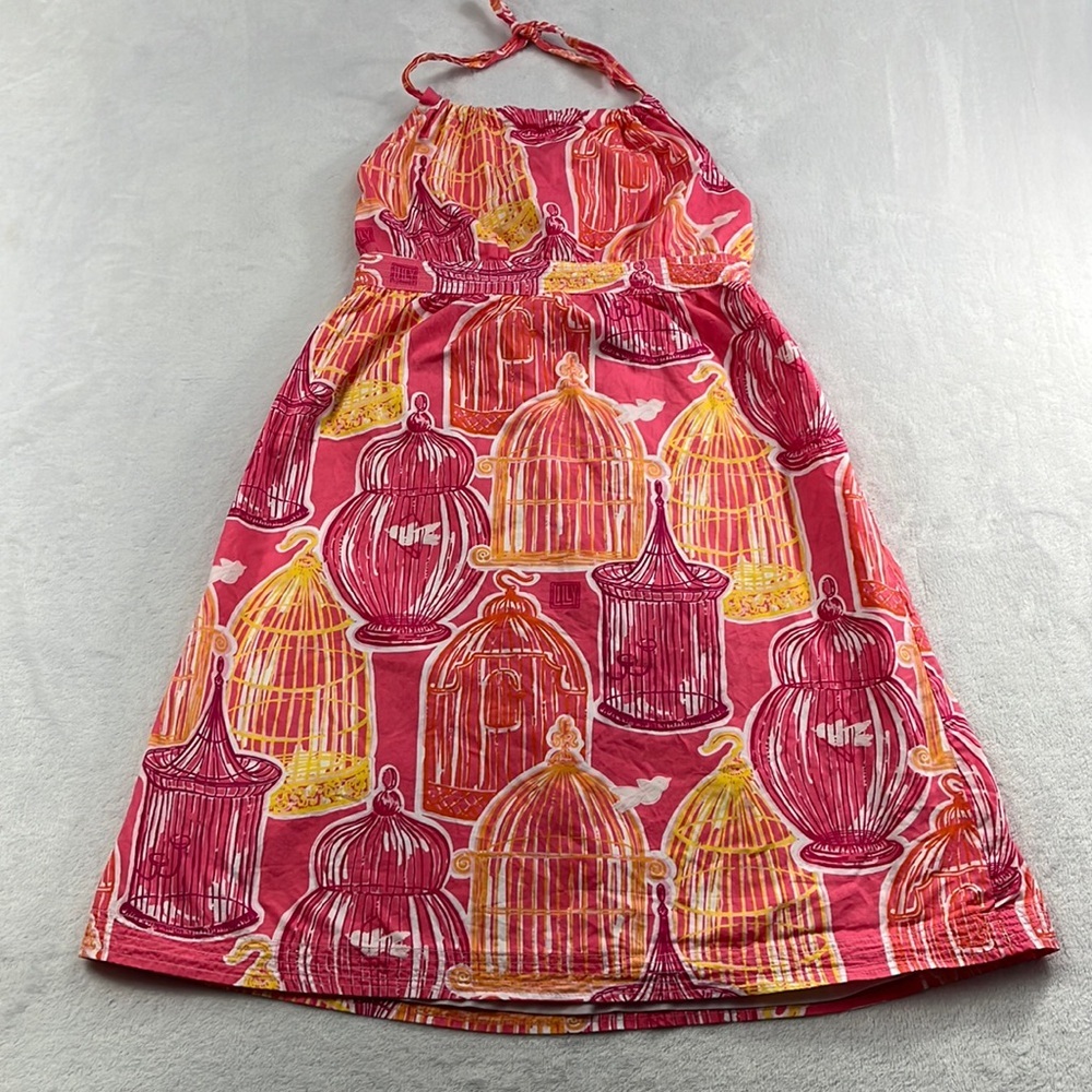 Lilly Pulitzer Girls 14 Pink Orange Bird Cage Smocked Summer Halter Dress